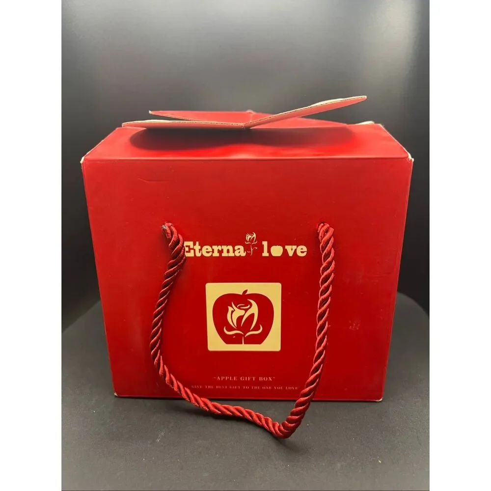 Red Apple Faux Rose Large Gift Box Gold Tone Cubic Zirconia Love Knot Necklace